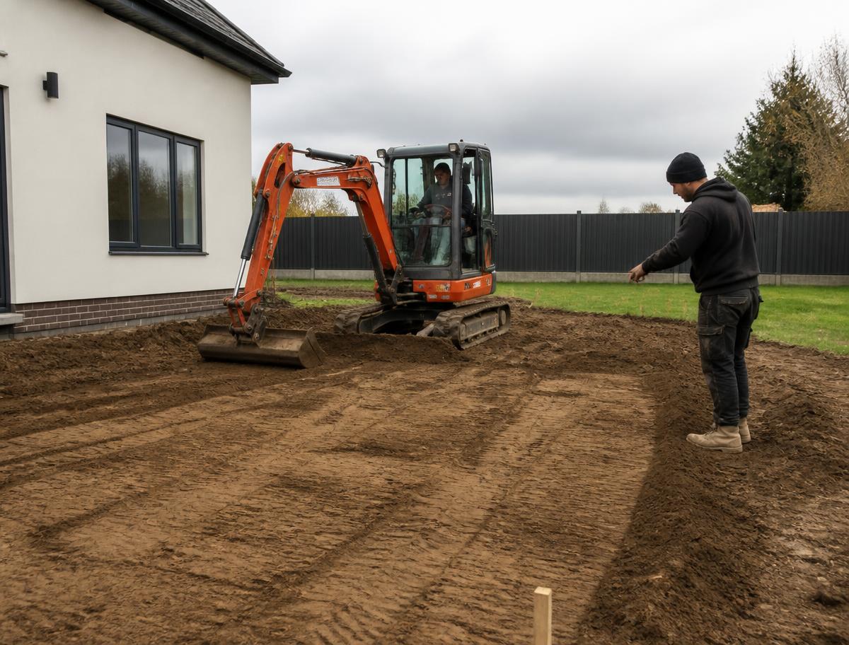 Compacte kraan nivelleert de grond naast een nieuwbouwwoning