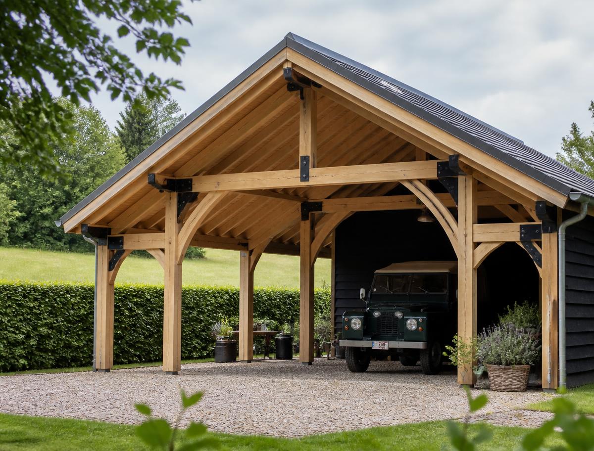 Houten carport op maat met eiken balken en zwarte staalverbindingen in een landelijke tuin
