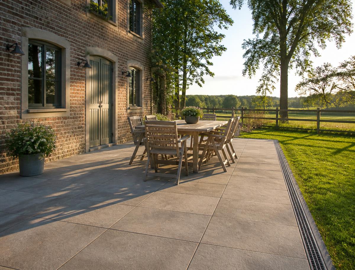 Ruim terras in natuursteentegels naast een landelijke woning met tuinmeubelen