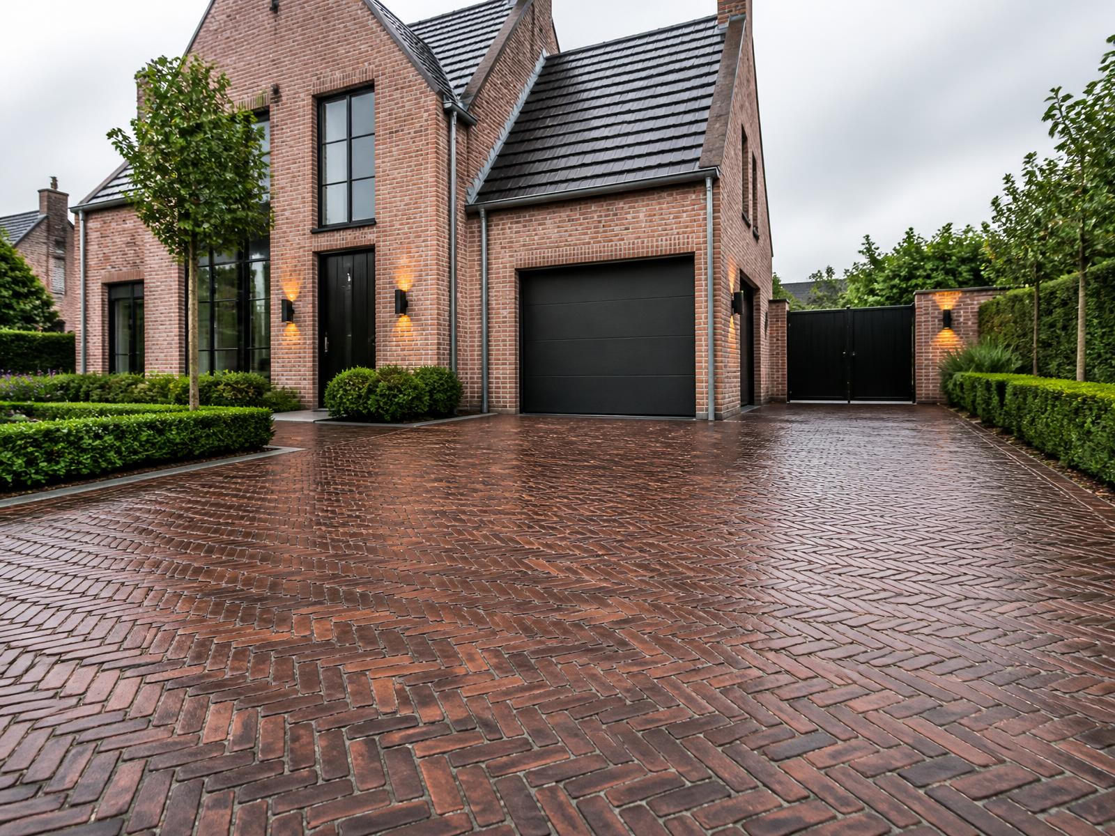 Nieuwe oprit in gebakken klinkers in visgraatverband voor een Vlaamse woning